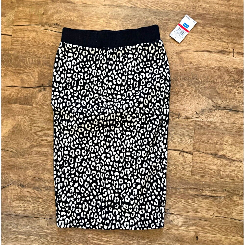Michael Kors Womens Pencil Skirt XS Black White Leopard Knit Pull On Elastic